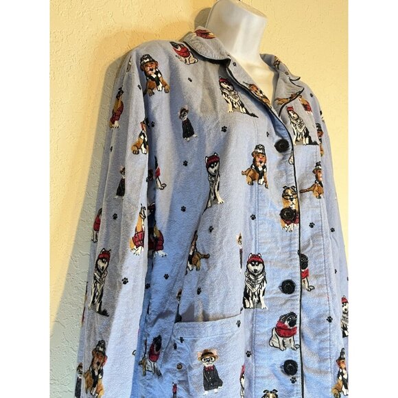 PJ Salvage Pajama Top Women's L Dogs Eyeglasses Flannel Button Up Blue - Picture 2 of 16